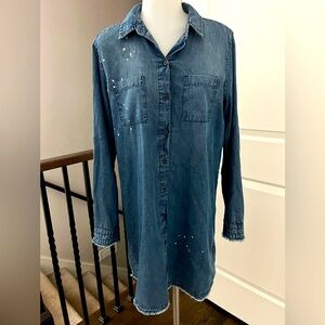 Women’s large, long sleeve blue denim colored, but not dress bleach splatter